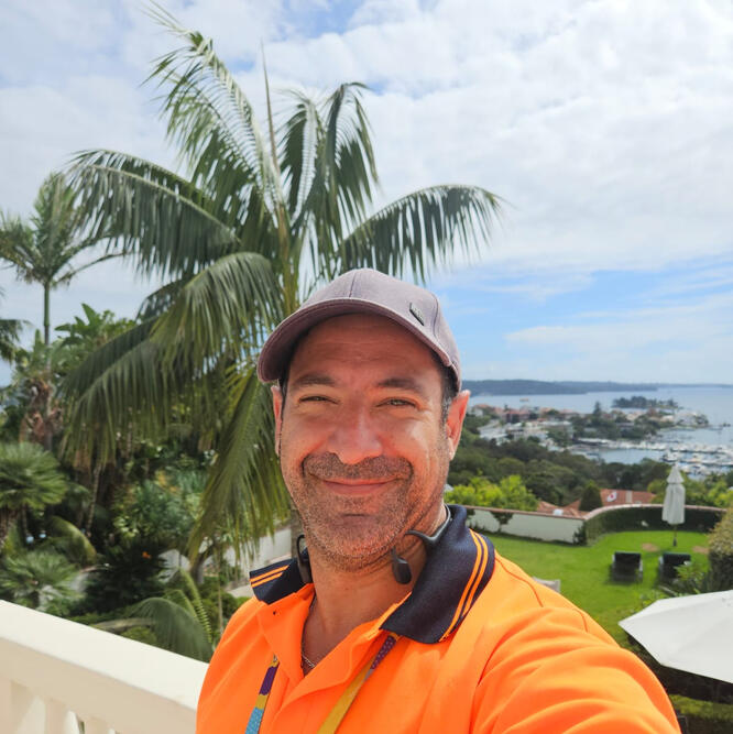 On site at Alcooringa, Bellevue Hill — taking in the harbour views during the exterior restoration ahead of the property's $80 million sale. Klean Kingdom owner at Alcooringa, Bellevue Hill, overlooking the harbour views during exterior restoration work