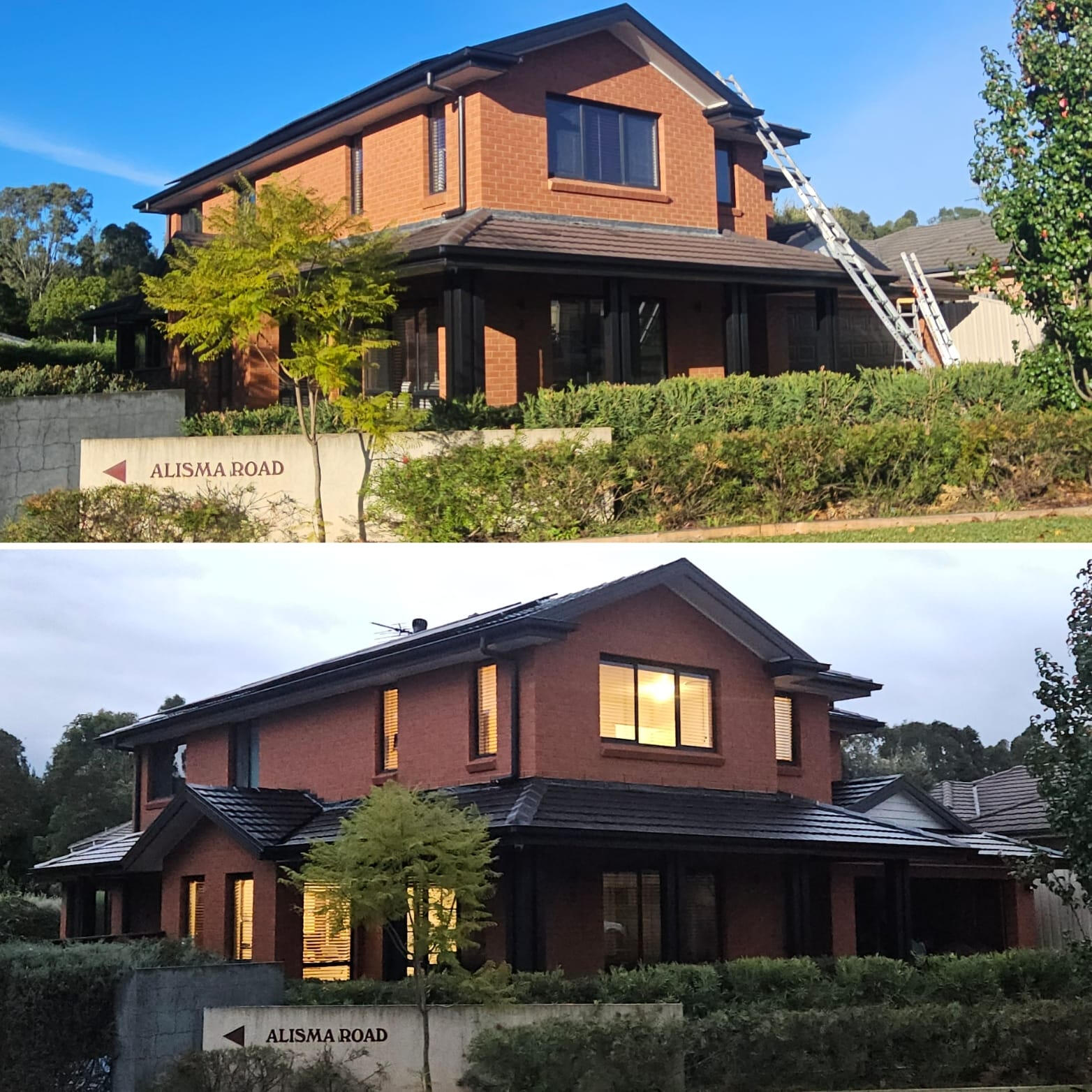 Full roof restoration on Alisma Road, Mount Annan — tired terracotta tiles transformed into a rich, modern dark finish. Before and after concrete roof restoration on Alisma Road, Mount Annan — full tile roof coating transformation by Klean Kingdom